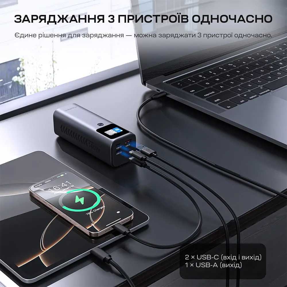 Повербанк 27000mAh Choetech B670 Grey 140W QC3.0 PD3.1 TFT Smart дисплей (43-00169) - фото 6