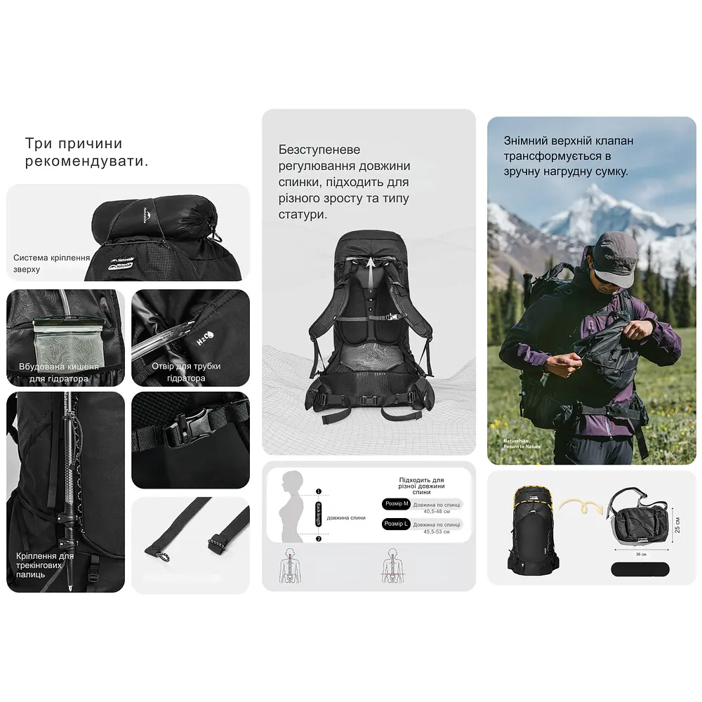 Рюкзак туристичний Naturehike Helium CNK2450XB014, 70 л, чорний, M - фото 14