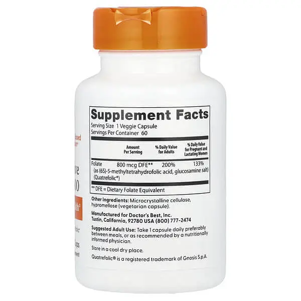 Фолієва кислота (B-9) Folate 800 with Quatrefolic 800 mcg 60 капсул Doctor's Best vit0004793 - фото 2