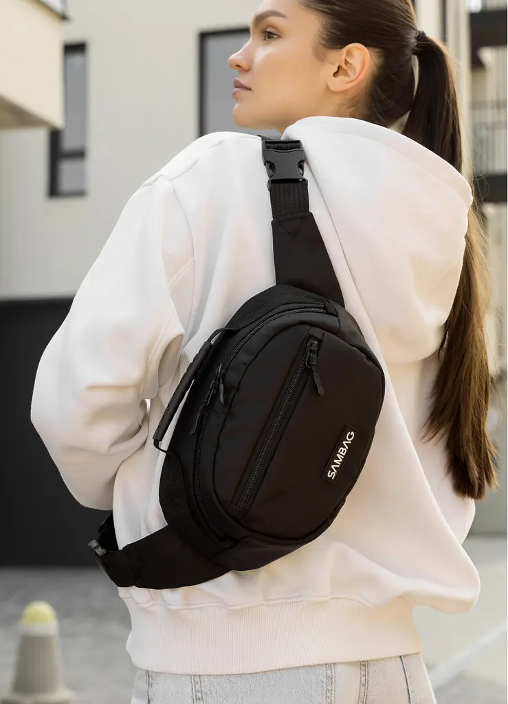 Жіноча сумка через плече бананка Sambag Flex чорна тканева 30 × 17 × 15 см (85351065) - фото 2
