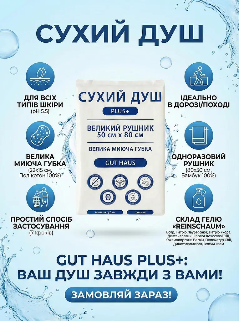Одноразовий сухий душ Gut Haus Plus+ із саше з водою та рушником - фото 2