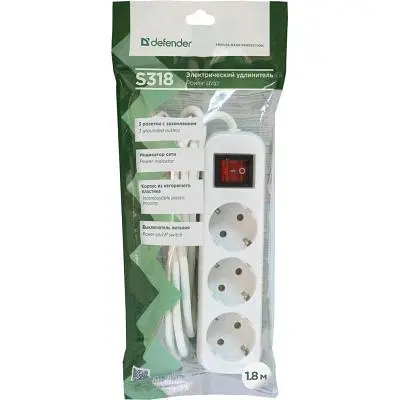 Мережевий подовжувач Defender S318 1.8 m 3 роз switch white (99233) - фото 4
