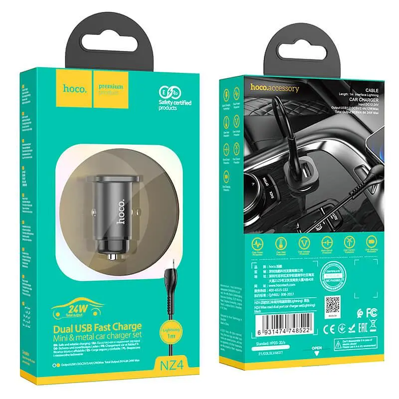 Адаптер автомобильный HOCO Lightning Cable Wise road dual port car charger set NZ4 2USB, 4.8A - фото 6