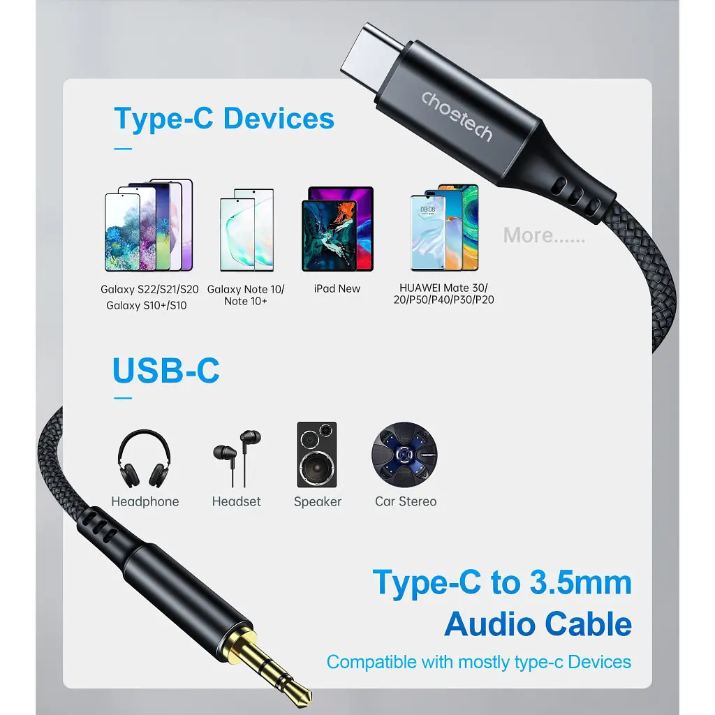 Перехідник USB-C to jack 3.5mm stereo audio (CDLA) 2.0m Choetech (AUX008-BK) - фото 5