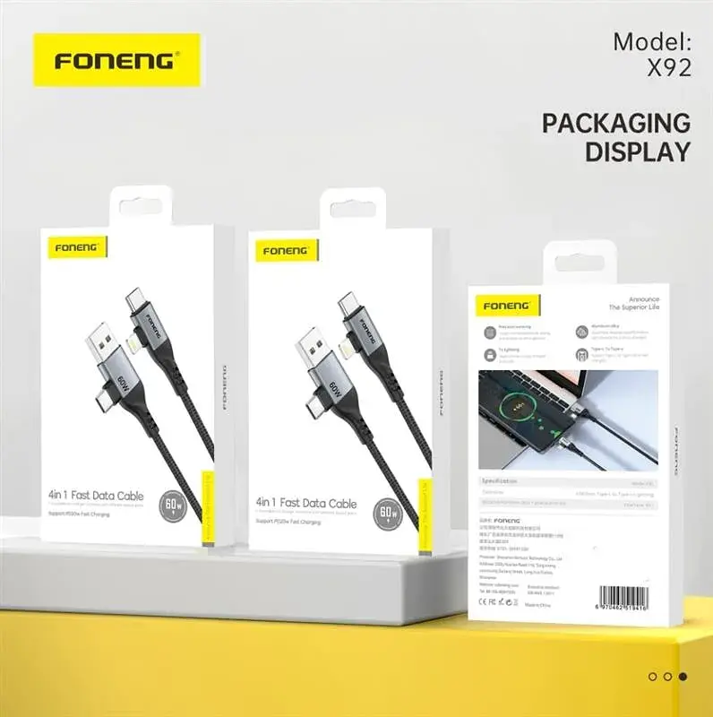 Кабель Foneng X92 4-in-1 (60W) USB/USB-C - USB-C/Lightning (M/M), 1 м, Black (X92-CA-FIO) - фото 6