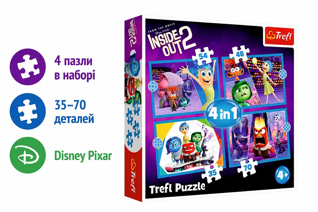 Пазли 4в1 Trefl Inside Out 2 Думками навиворіт 2 Правлять емоції 35, 48, 54, 70 деталей дитячі пазли Disney Pixar (SKU-219) - фото 2