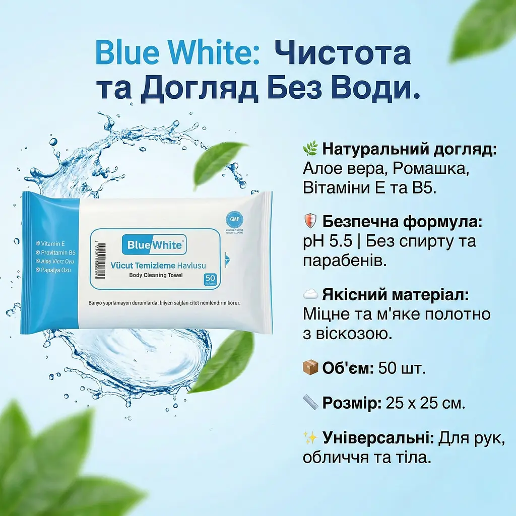 Вологі рушники універсальні Blue White Body Cleaning Towels 50 шт. Великі вологі серветки для тіла - фото 2