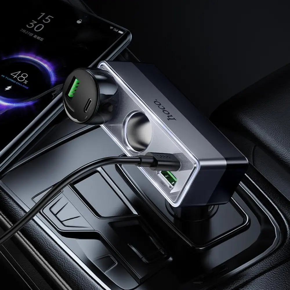 АЗУ Hoco Z65B Smart dual cigarette lighter(PD48W/1A1C) car charger Black - фото 3
