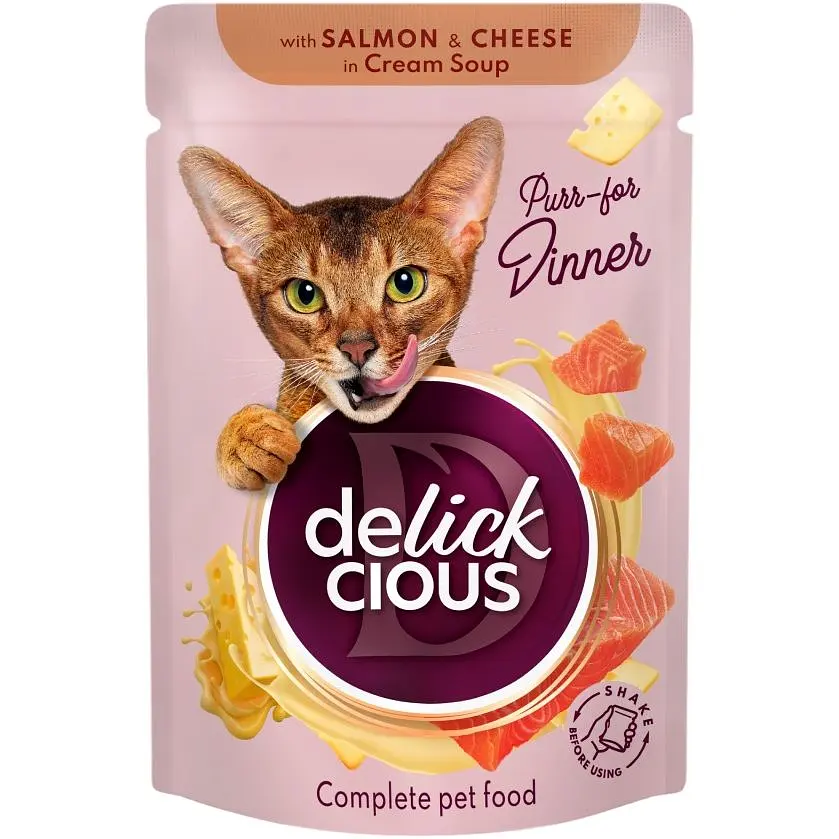 Влажный корм для кошек Delickcious Полоски с лососем и сыром в крем супе 85 г - фото 1