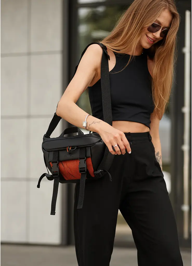 Жіноча сумка бананка Sambag Dynamicdart чорно-помаранчева 38 × 21 × 7 см (80411129) - фото 6