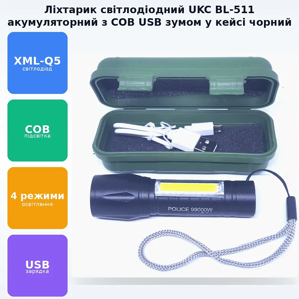 LED акумуляторний Світлодіодний ліхтар ручний з COB USB BL-511 в кейсі - фото 2