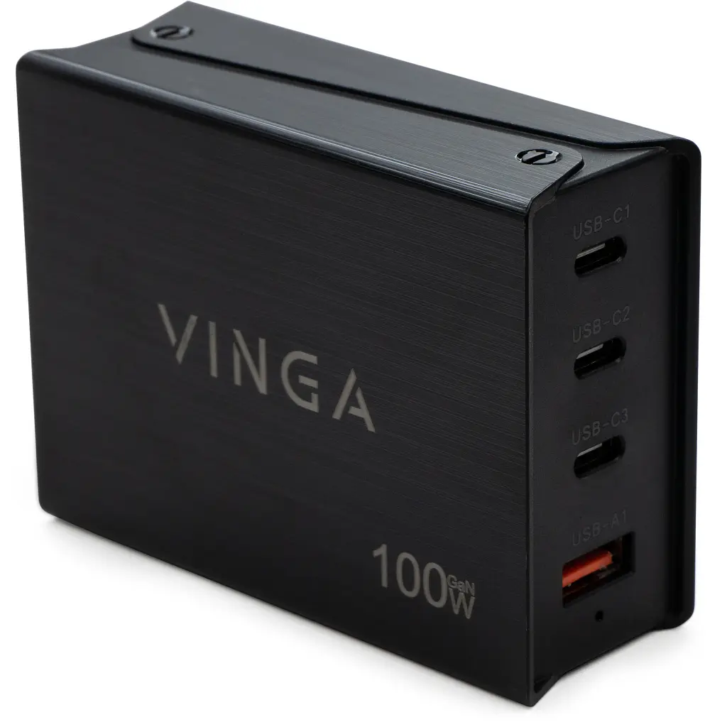 Зарядний пристрій Vinga GaN 100 Вт, PD + QC, дротовий, кабель 1.2 м, порти: 3xUSB-C + 1xUSB-A (VCPCH100CB)