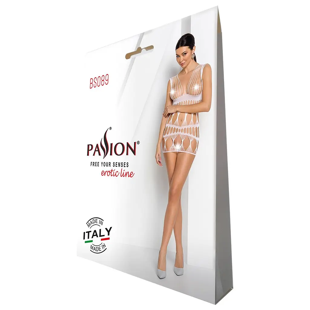 Бодістокінг-сукня Passion BS089 white, міні, плетіння у вигляді павутини - фото 6
