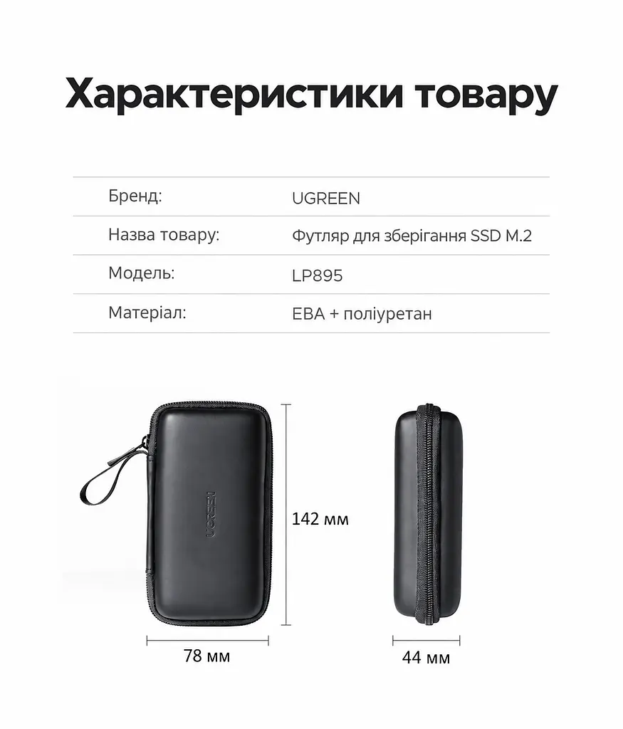 Футляр для зберігання M.2 SSD UGREEN LP895 для пристроїв розміром менше ніж 125 × 55 × 22 мм з твердим корпусом EVA з еластичною стрічкою для фіксації із сітчастою кишенею для аксесуарів з оксамитовою підкладкою з ручкою для перенесення на блискавці чорний (55091) - фото 4