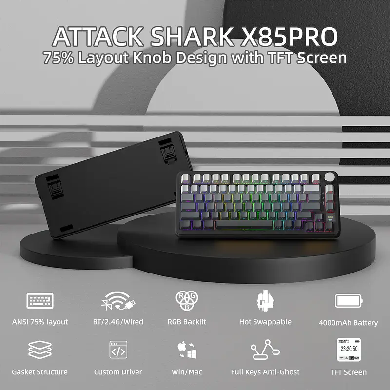 Ігрова механічна бездротова клавіатура Attack Shark X85 Pro / Три режими підключення / Blueberry Switch / Black - фото 3