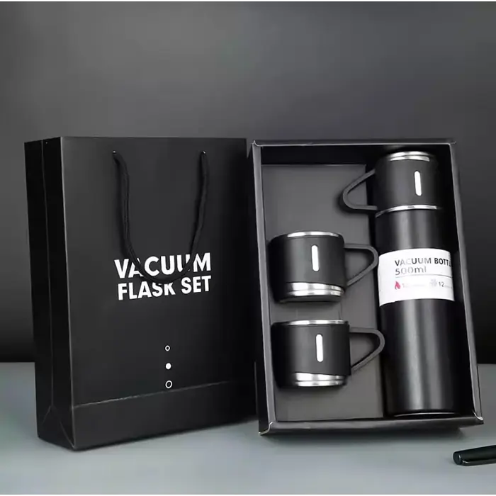 Подарунковий набір Vacuum Flask SET, термос з нержавіючої сталі 500 мл та 3 чашки чорний - фото 3