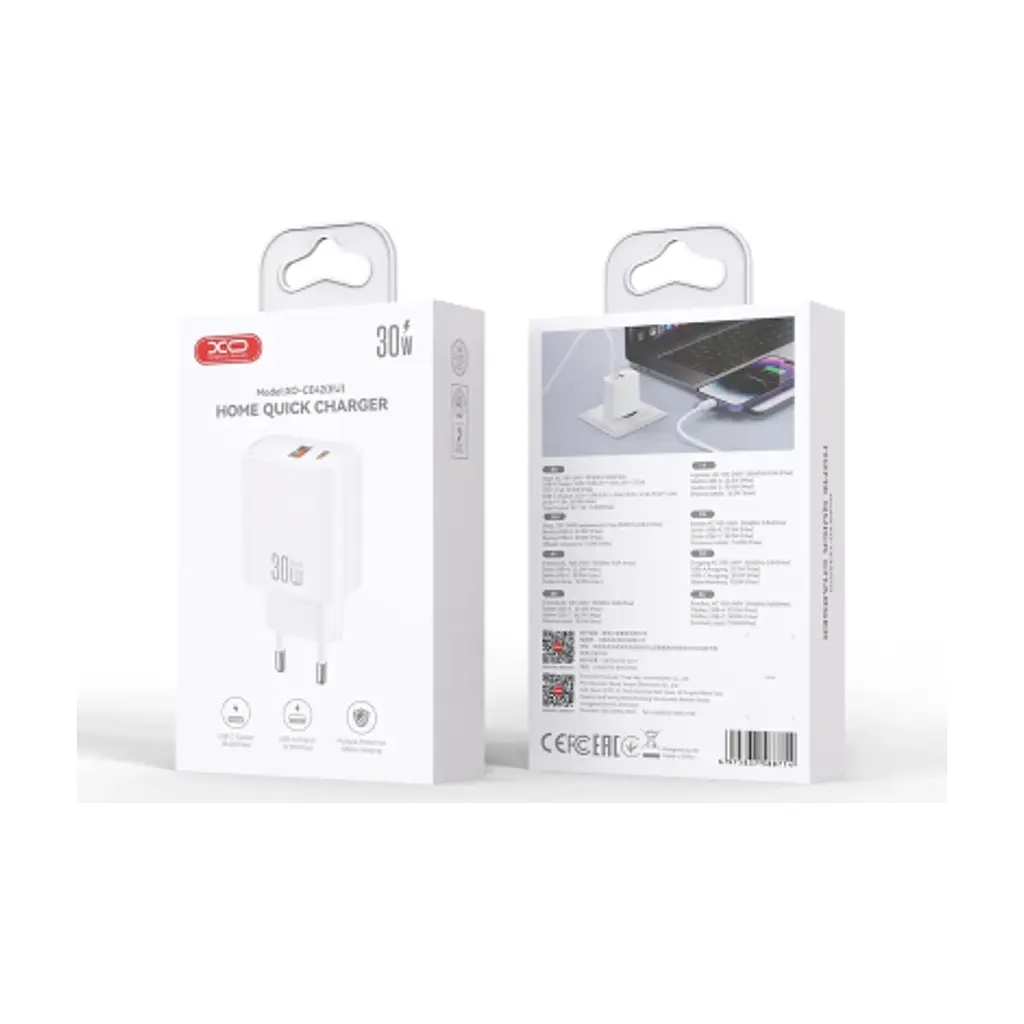 Зарядний пристрій XO 1xUSB 22.5W + 1xUSB-C PD30W white (CE42.white) - фото 2