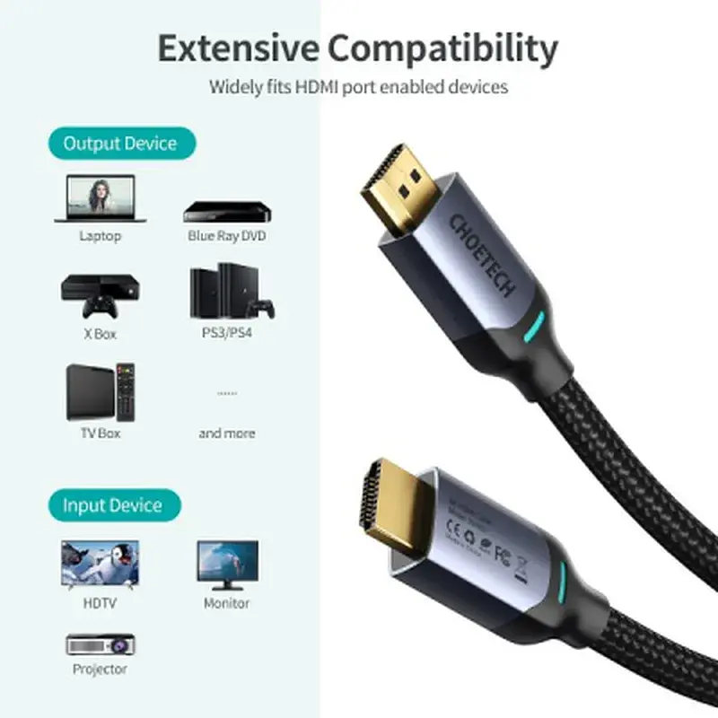 Кабель мультимедійний HDMI M to HDMI M 2.0m V2.1 8K60Hz HDR10 HLG Choetech (XHH01-BK) - фото 5