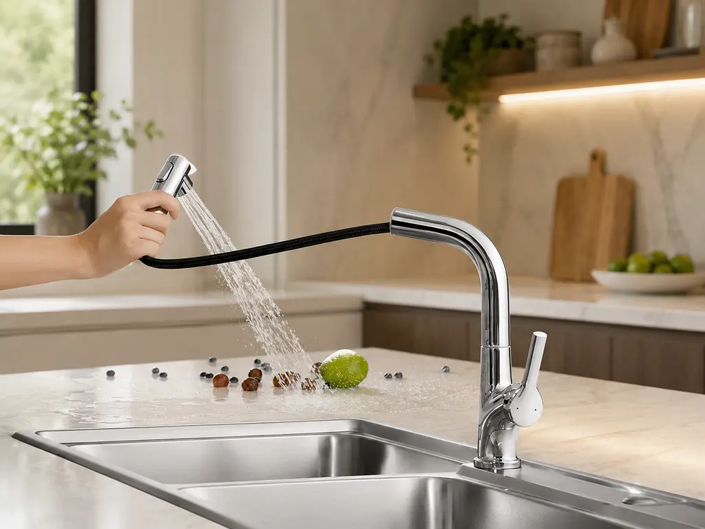 Кран / змішувач Faucet CR-8428 багатофункціональний метал / Змішувач кухонний з висувною лійкою, хром / Висувний кухонний змішувач з нержавіючої сталі - фото 4