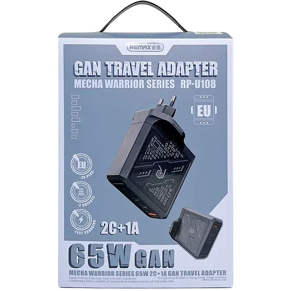 Зарядний адаптер Remax RP-U108 65W 1A+2C швидка зарядка GaN RP-U108 2xType-C + 1xUSB-A Чорний - фото 7