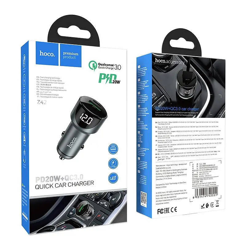Автомобильное зарядное устройство Hoco Z42 Light road dual port digital display PD20W + QC3.0 car charger Темно-серый - фото 3