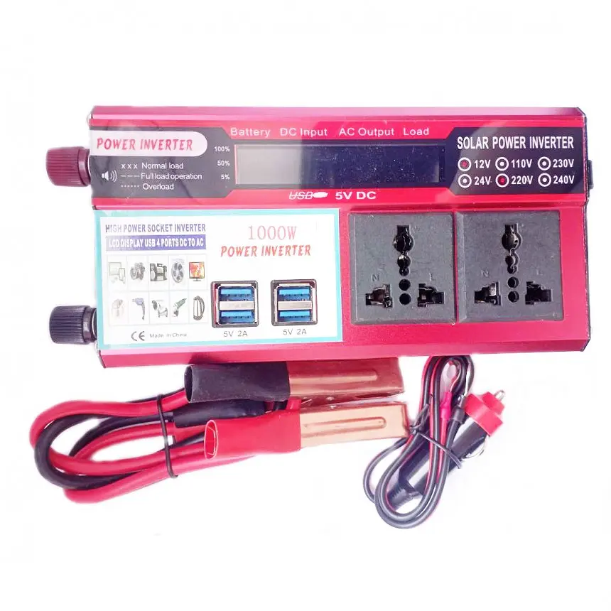 Автомобильный инвертор Solar Power Inverter 017 модифицированная синусоида Red 2 розетки 4 USB экран прикуриватель с 12V на 220V 1000W (11060) - фото 4