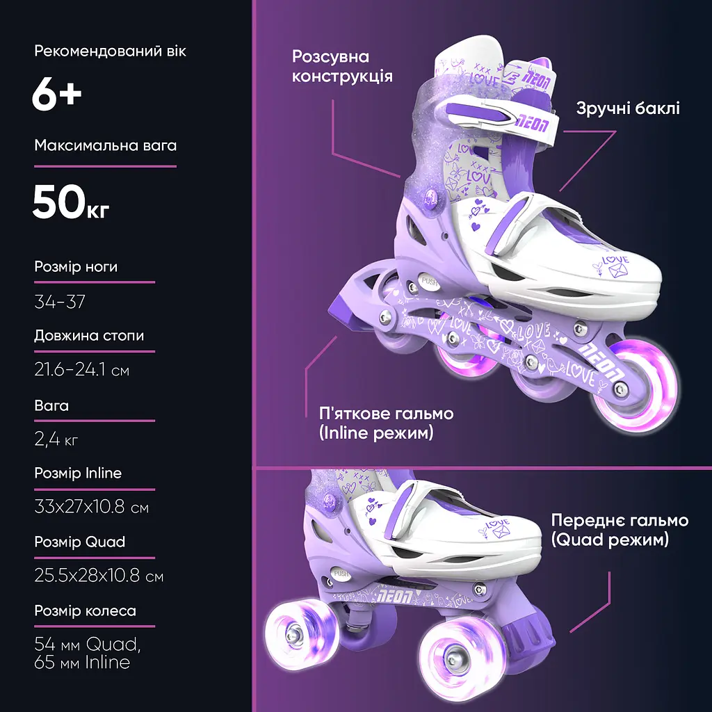 Роликові ковзани Neon Combo розмір 34-37 фіолетові (NT10L4) - фото 5