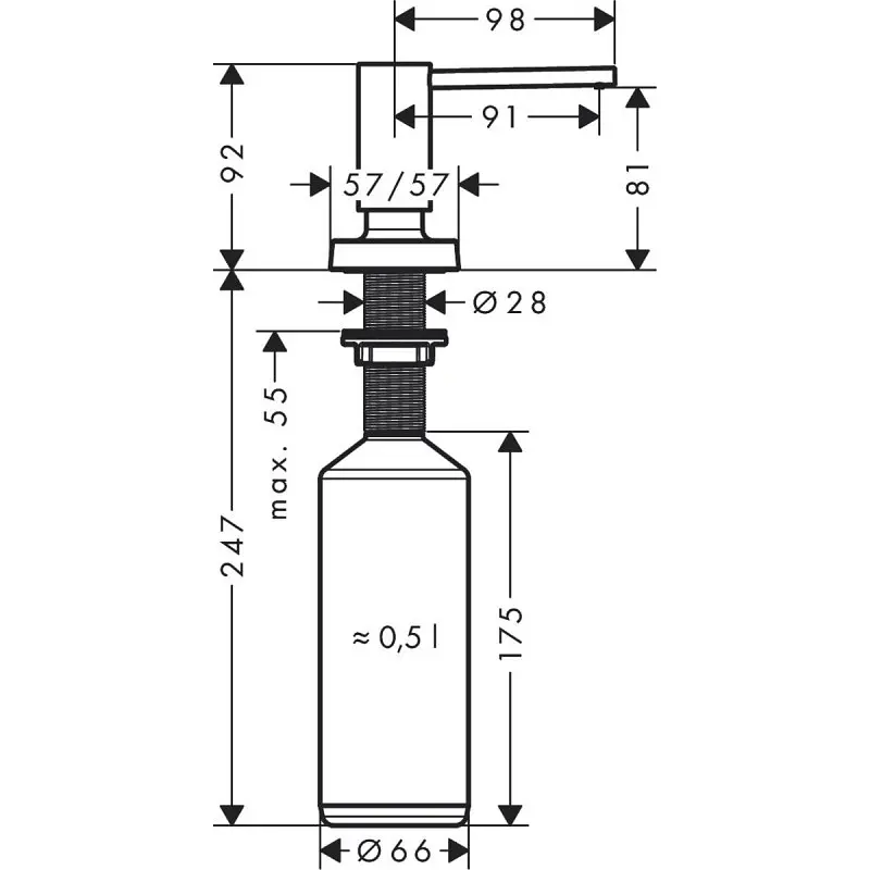 Дозатор кухонний Hansgrohe A71 500 ml врізний Matt Black 40468670, Чорний матовий - фото 5