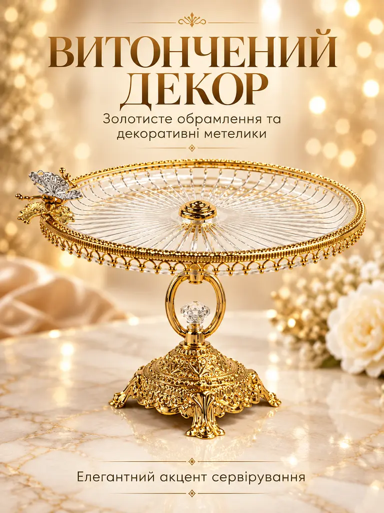 Підставка для сервірування кругла на ніжці 25х16.5 см зі скла та металу для десертів золотиста (37261106) - фото 7