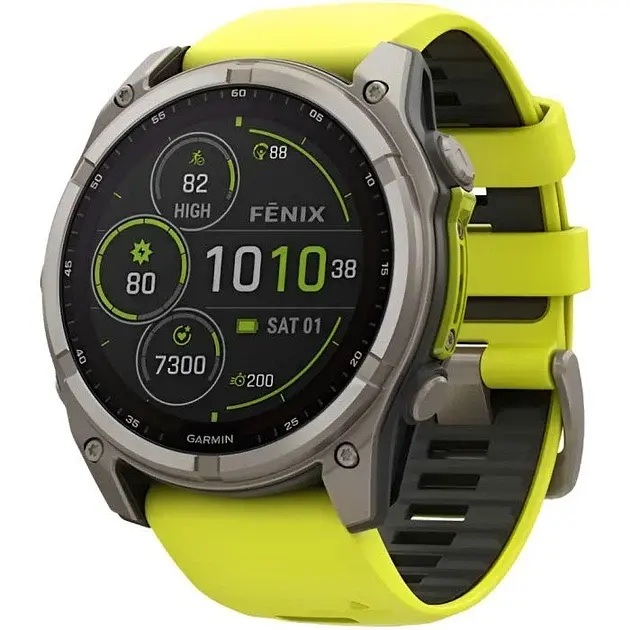Розумні годинники Garmin Fenix8 51mm Solar Sapphire Titanium w.Amp Жовтий/Graphite Silicone Band 010-02907-21