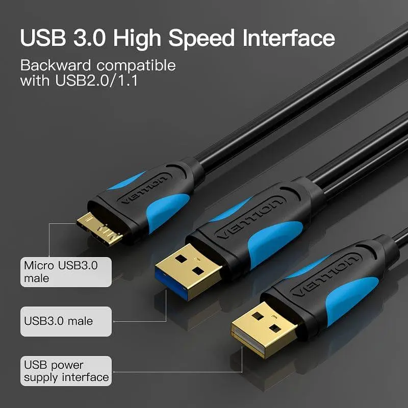 Кабель Vention USB3.0 A Male to Micro B Male Hard Disk Cable with USB2.0 Male 1M Black (VAS-A62-B100) - фото 3