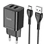 Адаптер сетевой HOCO Type-C Cable Maker dual port charger set N25 набор черный 2USB - миниатюра 1